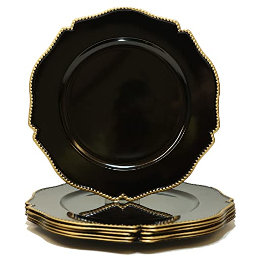 Umisriro Black scalloped charger plates with Gold beaded rim,13 inch plastic dinner chargers for wedding and party table settings, Glossy Finish (set of 6)