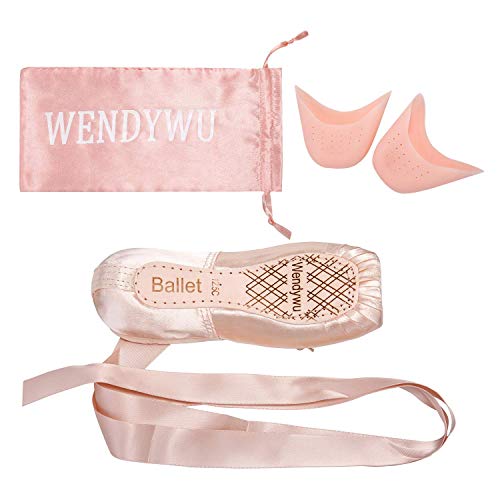 Wendywu Girls Womens Dance Shoe Pink Ballet Pointe Slippers Ballet Flats Shoes With Ribbons Toe Pads Black Pink Red (Pink,6) #TOP3