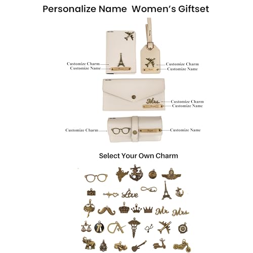 Image of AICA Personalised Name & Charm Womens Leather Combo Gift Set (Cream) | Gifts for Women| Customised Gift Hamper for Woman