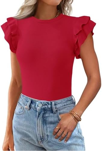 KIRUNDO Summer Sweaters for Women Lightweight 2025 Fall Ruffle Short Sleeve Business Casual Tops Slim Soft Knit T Shirts