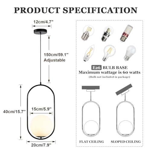 Image of Modern Black Pendant Light, Bedside Matte Pendant Lights with White Glass Shade, Large Globe Ceiling Light for Kitchen Island Bedroom