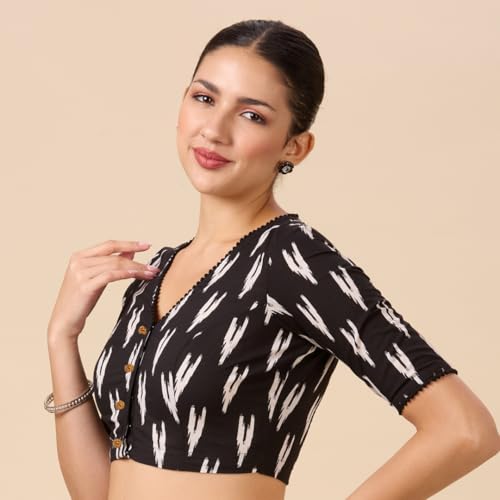 Image of Studio Shringaar Women's Readymade Black Cotton Block Printed Elbow Length Sleeves Saree Blouse