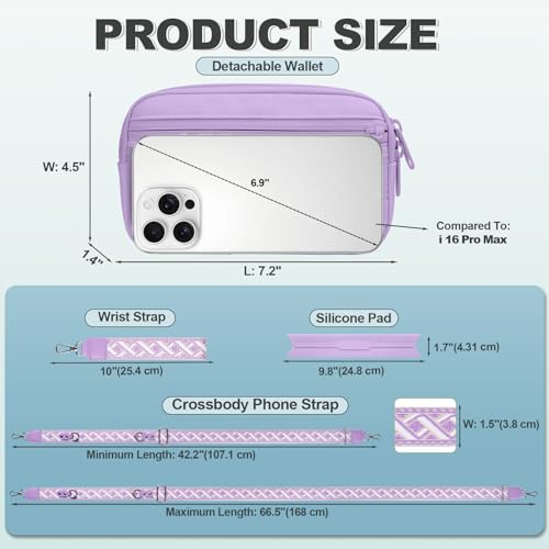 Image of YFWE Clip and Go Strap for Phone with Wallet Crossbody, Adjustable Phone Lanyard with Detachable RFID Wristlet Wallet, Pattern Strap - Purple (L)