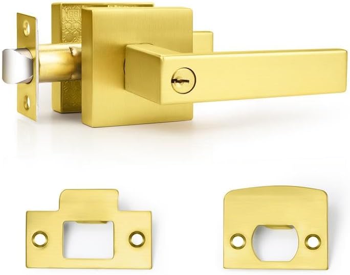 Probrico Brushed Gold Keyed Entry Door Handle Square Heavy Duty Satin Brass Entrance Door Lock Levers Reversible Lockset for Exterior and Interior Doors (Different Keys, 1 Pack)