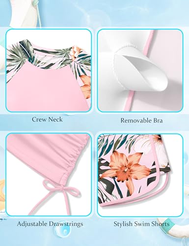 Image of AGAPENG Girls Swimsuit Two Piece Short Sleeve Rash Guard Floral Print Ruched Girls Bathing Suit UPF 50+ Swimwear for 9-16Y