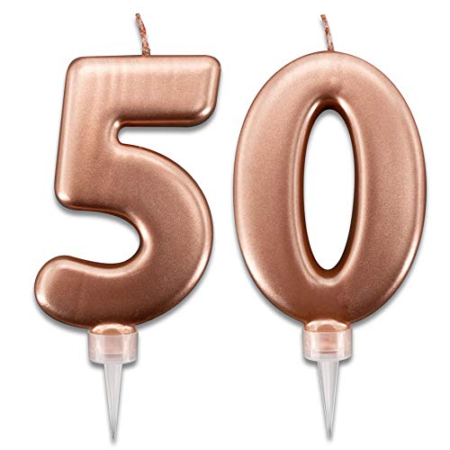 Velas de 50 años de color rosa dorado para tarta de fiesta de cumpleaños | Decoración de velas para cumpleaños | 50 años | Altura 10 cm Cover