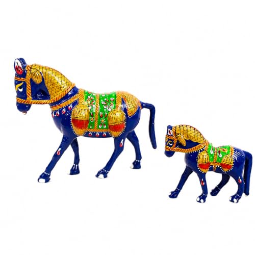 Image of eCraftIndia Handcrafted Blue Horse Pair Decorative Showpiece Set of 2 for Home Decor | Traditional Rajasthani Hand-Painted Horse Figurines | Tabletop, Shelf & Living Room Decoration