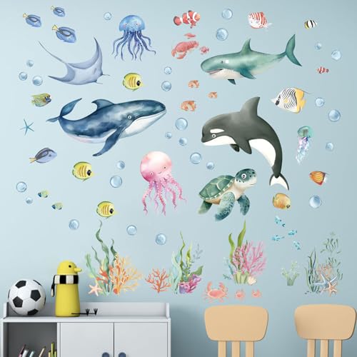 Image of Amimagen Under The Sea Wall Decals - Marine Theme Shark Whale Fish Sea Turtle Ocean Wall Stickers - Bathroom Baby Nursery Kids Bedroom Daycare Wall Decor