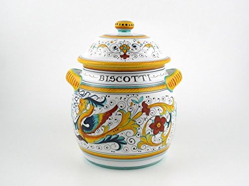 Hand Painted Italian Ceramic 10-inch Round Biscotti Cookie Jar Raffaellesco - Handmade in Deruta