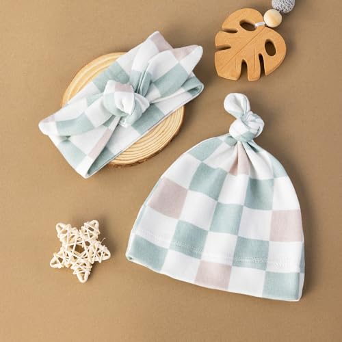 Image of BabyWhale Muslin Swaddle Blanket with Hat and Headband Bow, Checkered Print Swaddle Set for Baby Boys & Girls, Unisex Soft Receiving Blanket Wrap, Green Grey Checkered, 47x47 inches