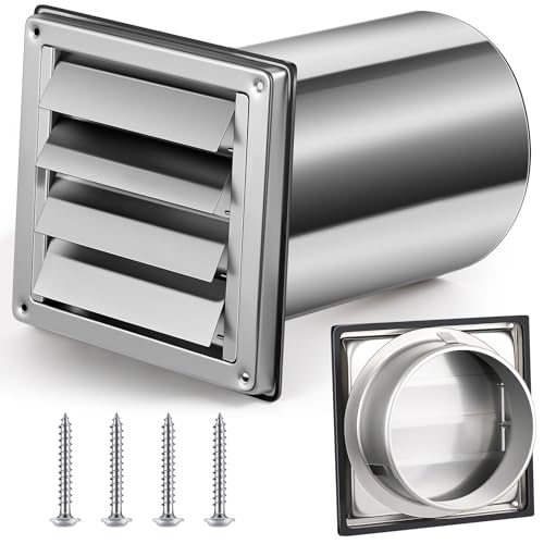 Image of Shimeyao 6 Inch Wall Vent Cover with 8 inch Extended Air Pipe Stainless Steel Dryer Exhaust Vent Cover with Louvre and 4 Screws Wall Mount Exterior for AC Range Hood Kitchen HVAC Air Exhaust, Silver