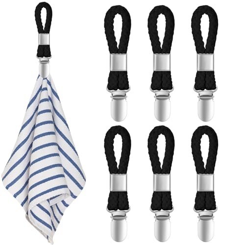 XIANGPICA 6 Stück Handtuch Clips zum Aufhängen, Handtuchclips mit Schlaufen, Handtuch Klammer, Haken für Handtücher, Geschirrtuch Handtuchhalter Clips (Schwarz)