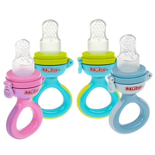 Image of Nuby Baby’s First Food Dispenser with Hygienic Cover | Baby’s First Soft Foods and Teething | 2 Pack: Aqua & Blue or Pink & Aqua | Twist n' Feed | Promotes Self Feeding |10+ Months