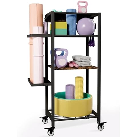 Ardier Yoga Mat Storage Rack with Wheels, 3 Tier Home Gym Workout Equipment Organizer for Dumbbells, Kettlebells, Foam Rollers Cover