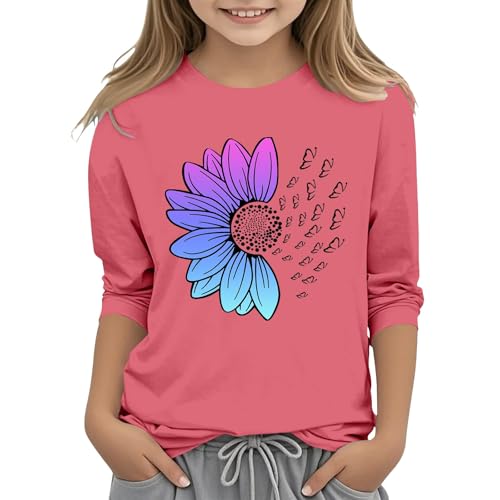 Girls Graphic Tees 3/4 Length Sleeve Crew Neck Tops Blouses Floral Summer Casual Tshirts Loose Athletic Tunic Tops