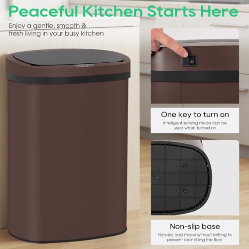 Image of BestOffice | 13 Gallon Stainless Steel Trash Can with Lid | Brown | Automatic Touchless Garbage Can | Odor Control | Modern Oval Design | Easy to Clean | Fits Any Kitchen, Bathroom, Office or Home