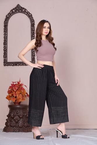 Image of VIVIKA Chikankari Palazzo Pants for Women |Rayon Wide Leg Ethnic Palazo with Embroidery | Comfortable Elastic Waist Women's Palazzo for Casual, Festive & Office Wear