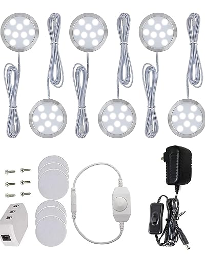 Led Dimmable Puck Lights,Set of 6 White Under Cabinet Lighting Kit w/ Rotary Dimmer Switch , Total of 12W, LED Light for Bookcase, Shelf, Closet, Kitchen (6 PACK, White)