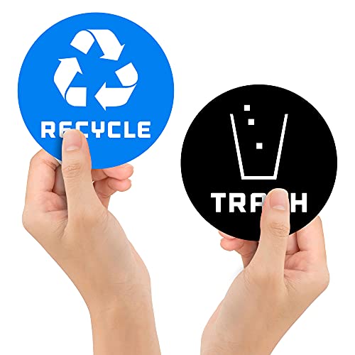 4 Pack Recycle and Trash Sticker Decals to Organize Your Trash - 4in Circle - for Garbage cans and Recycle Bins - Laminated Premium Vinyl Decal (Blue, Small)