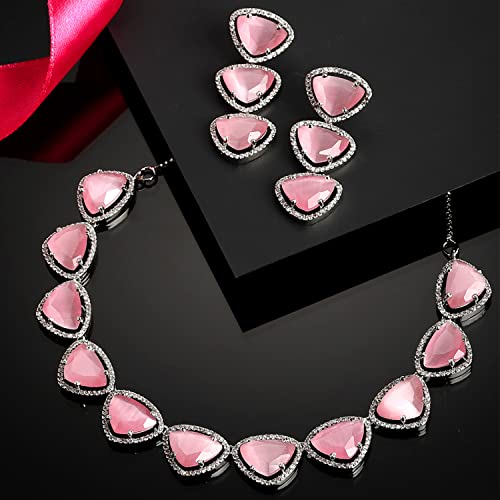 Image of ZENEME Rhodium Plated Silver Toned Triangular Shaped American Diamond Studded Jewellery Set For Women and Girl