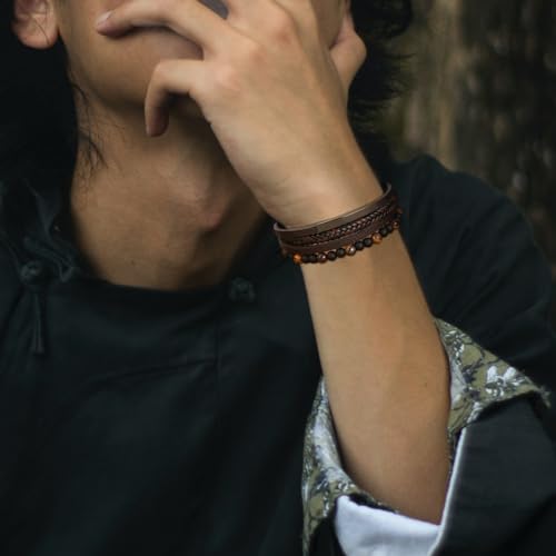 Raymard Mens Tiger Eye Black Obsidian Lava Rock Lapis Lazuli Stone Beaded Bracelet,Wrap Braided Leather Cuff Bangle Bracelet For Men,Stainless Steel Clasp-Tiger Eyes thumb #1