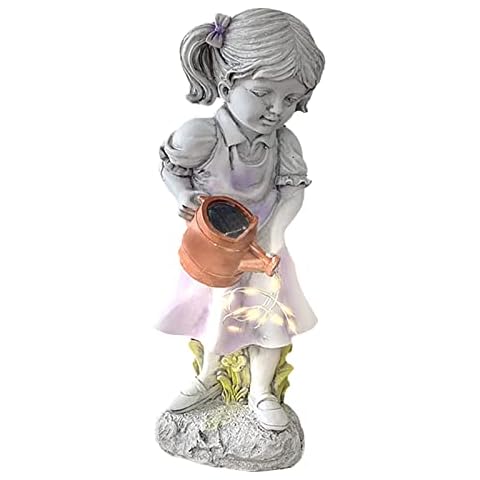 Solar Garden Statue,Little Girl Watering Resin Sculpture Led Light Solar Powered Lamp Figurines Cover