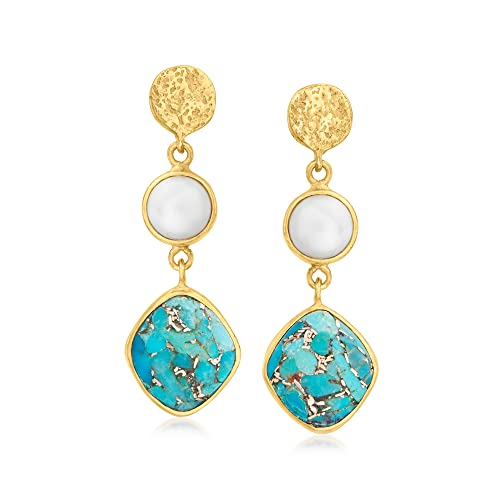 Ross-Simons Turquoise and 7mm Cultured Pearl Drop Earrings in 18kt