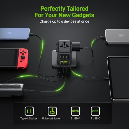 Image of Epicka Pulse Duo 45W Universal Travel Adapter, International Power Adapter with 6-Port (2 AC /2 USB-A /2 USB-C), European Travel Plug Adapter with PD Fast Charging, Travel Essentials (Pure Black)