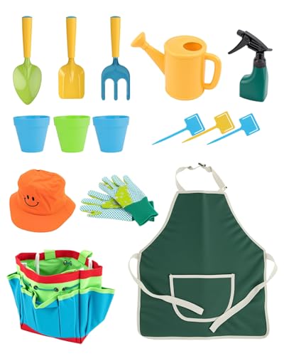 15pcs Kids Gardening Tool Set Outdoor Gardening Set with Tools Rake Fork Trowel Watering Can Gloves Tote Bag & Plant Pots Fun Garden Gift for Boys Girls Ages 3-12 Blue