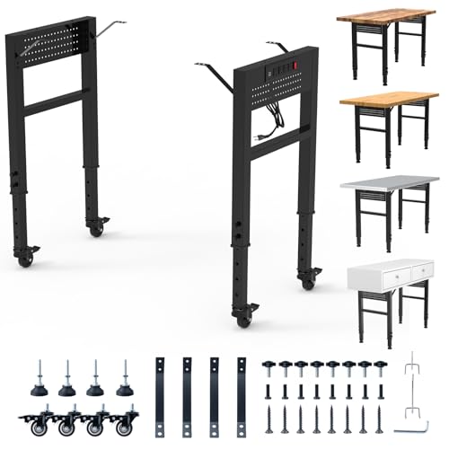 28-47 Adjustable Workbench Legs with Power Strip | 19.7 Wide Heavy Duty Metal Table Legs | Industrial Desk Frame with 4 Locking Wheels & 4 Feet | Versatile DIY Base for Garage Study & Crafting