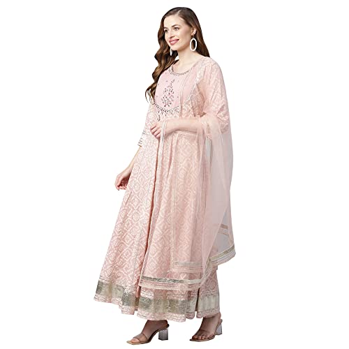 Image of Divena Light Pink Cotton Anarkali Gown Pant set with Net Dupatta