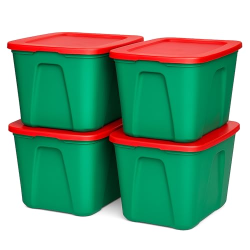 HOMZ 4-Pack Molded Bin, Holiday Storage Containers w/ Lids, 18 Gal, Green/Red Stackable Plastic...