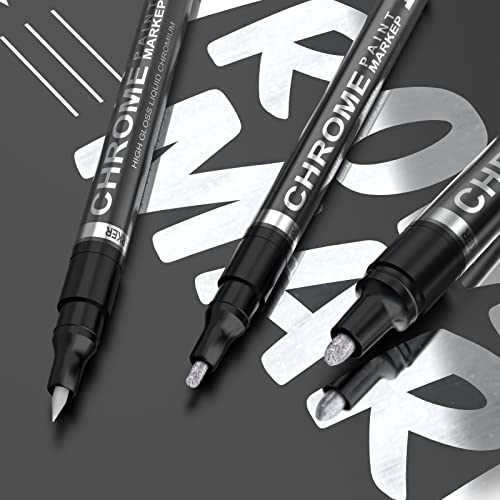 3pcs Silver Liquid Mirror Chrome Markers: Permanent Art Liquid Chrome Paint Pens, Reflective Gloss Mirror Markers, Mirror Chrome Metallic Marker Set for Model Metal Plastic Glass Ceramic (0.7/1/3mm)