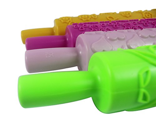 Hillento Pattern Embossed Rolling Pin Fondant Cake Paste Gum Sugar Decorating Tool, Ideal For Fondant, Pastry, Icing, Clay, Dough - Best Kit, 4 Patterns(Wicker, Heart, Roses, Flowers), Random Color #TOP1