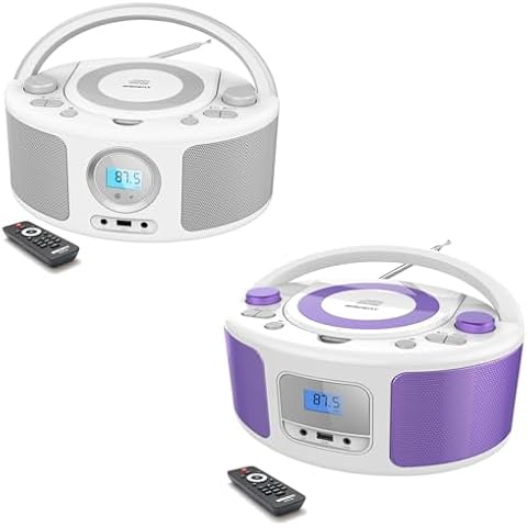 CD Radio Portable CD Player Boombox with Bluetooth,FM Radio,Remote Control,USB Input and 3.5mm AUX Headphone Jack,CD-R/CD-RW/MP3/WMA Playback,AC/Battery Powered(White+Purple) Cover