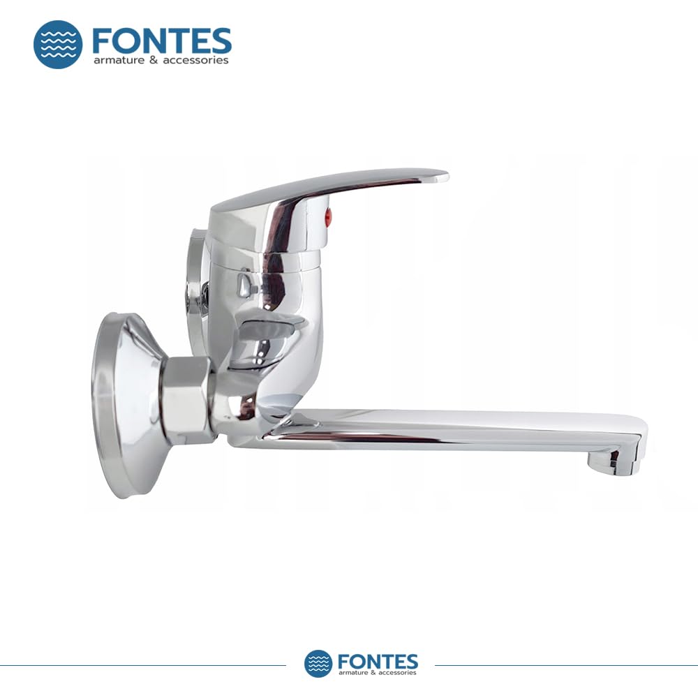 FONTES Wandwasserhahn Chrom, Spültischarmatur 360°, Wandarmatur für Küche/Ausgussbecken, Mischbatterie für Wandmontage, Drehbare Wasserhahn Küche, Kalt und Heiß Einhebelmischer, Schwenkarm 20cm