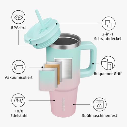 BJPKPK 900 ml Isolierter Edelstahl-Becher mit Griff Deckel und Strohhalm – Ansicht 5