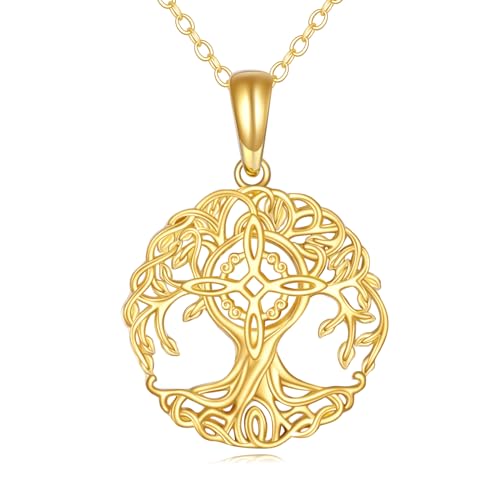 KECHO 14K Solid Gold Tree of Life Necklace Witches Knot Pendant 14K Real Gold Wiccan Jewelry Goth Gifts for Women