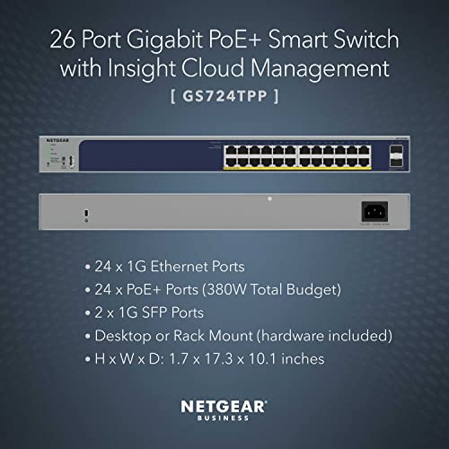 Image of NETGEAR 26-Port PoE Gigabit Ethernet Smart Switch (GS724TPP) - Managed, Optional Insight Cloud Management, 24 x PoE+ @ 380W, 2 x 1G SFP, Desktop or Rackmount
