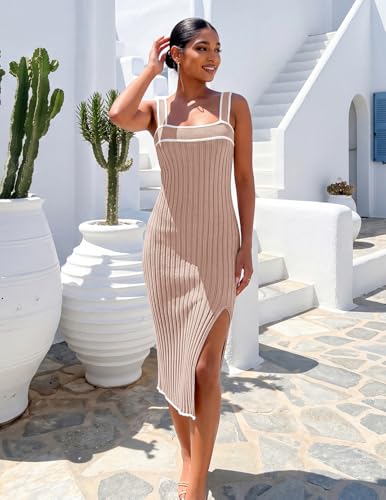 Image of MEROKEETY Womens Summer Striped Bodycon Ribbed Knit Midi Sweater Dress 2026 | Sleeveless Long Tank Dress, Soft, Stretchable, Maternity, Baby Shower, Gender Reveal, Bump Friendly, Beach, Vacation Outfit