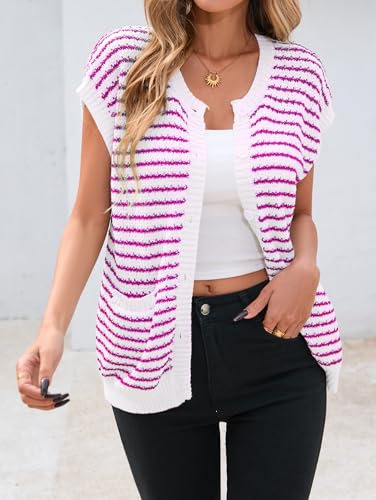 Famulily Womens Cap Sleeve Button Down Sweater Knit Top Summer Cute Striped Cardigan Sweaters with Patch Pockets2