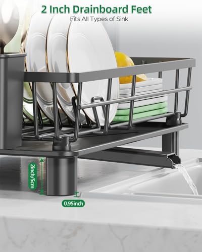 Image of Favria Dish Drying Rack - Space-Saving Small Dish Rack for Kitchen Counter, Anti Rust Kitchen Drying Rack, Compact Dish Drainer Organizer with Utensils Holder (38 x 28 x 15 cm) (Medium Black)