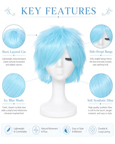 Image of Rose bud Anime Halloween Aqua Blue Wig for Cosplay Party Synthetic Layered Short Hair Wigs with Bangs Pastel Funny Wigs for Women Men