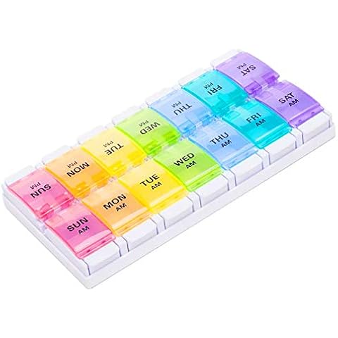 REOOHOUSE Pill Box 7 Day AM PM, Weekly Pill Organiser for Medicine Vitamin Supplements, Press Open Colorful (2time1day-COL) Cover