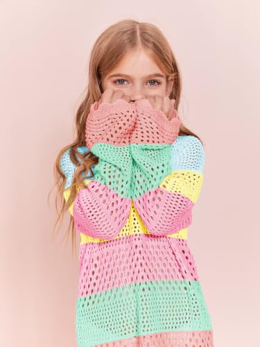 Image of Batermoon Girls Crochet Long Sleeve Swimsuit Cover Up Kids Fashion Hollow Out Swimwear Beach Dress 5-14 Years
