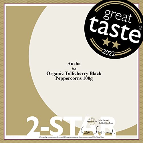 Ausha Organic Tellicherry Black Peppercorns Whole 1kg - 2** GREAT TASTE AWARD - UK Certified Organic - For Cooking and Grinding - Tellicherry Garbled Special Extra Bold Black Peppercorns