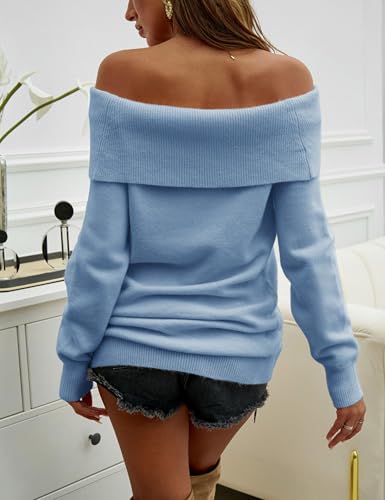 Image of Women's Off The Shoulder Sweater Spring Loose Long Sleeve Knit Casual Pullover Tops Outfits (Blue-S)