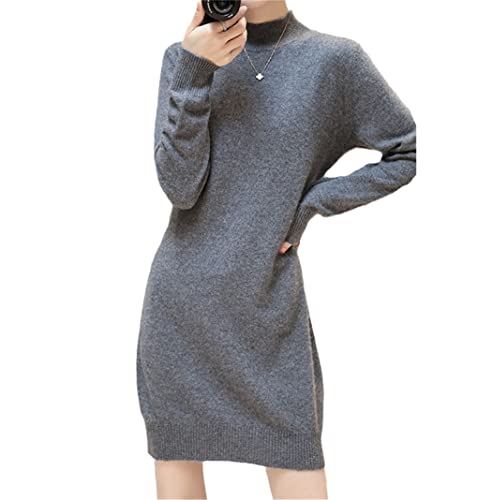 Robe col roulé en laine tricotée femme robe pull grise manches longues