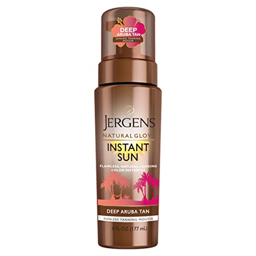 Jergens Natural Glow Instant Sun Body Mousse, Dark Self Tanner for Deep Aruba Tan, Sunless Tanning Body Bronzer, Natural-looking Fake Tan, 6 Ounce
