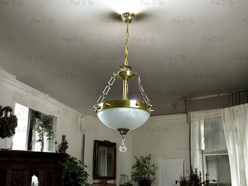 Image of Prop It Up Vintage Crystal Pendant Chandelier, Antique Brass Finish, Frosted Glass Bowl with Crystal Drops, Traditional Ceiling Light, Without Bulb
